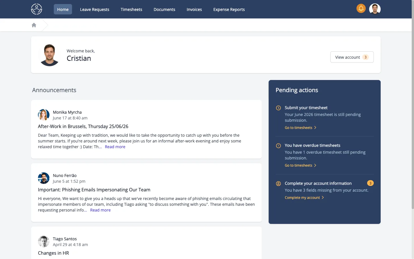 The MyThaleria home dashboard, showing announcements and a personal pending-actions panel